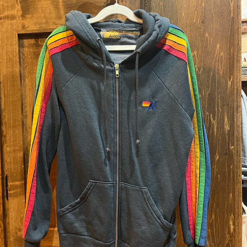 Aviator Nation Charcoal Hoodie with Vibrant Rainbow Stripes